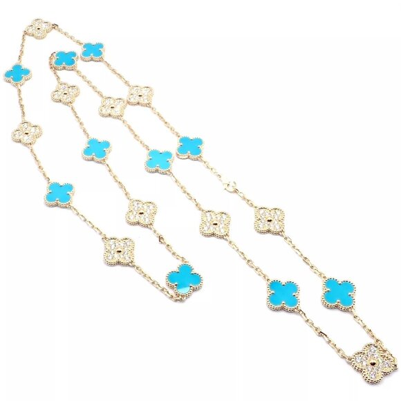 Van Cleef & Arpels 18k Yellow Gold 20 Motif Alhambra Diamond Turquoise Necklace - Picture 14 of 16